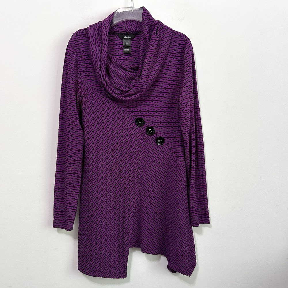 Ali Miles Textured Tunic Top S Cowl Neck Purple Asymmetric Hem Art Party Buttons